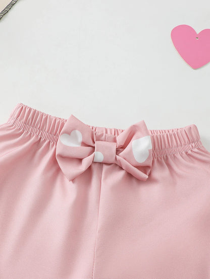 Heart Pattern Baby Girl Outfit with Butterfly Knot Shoulder Straps And Lace Hem Top And Shorts Pink Summer Casual Cute Set