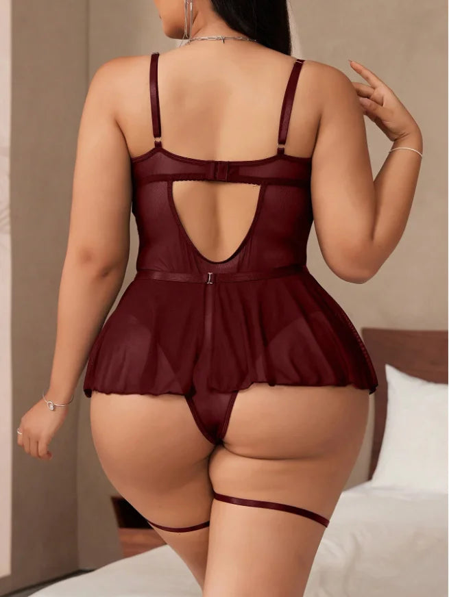 Luxury Burgundy Black Lace Babydoll Lingerie Set Plus Size Sheer Mesh Garter Chemise Thong Intimate Sleepwear
