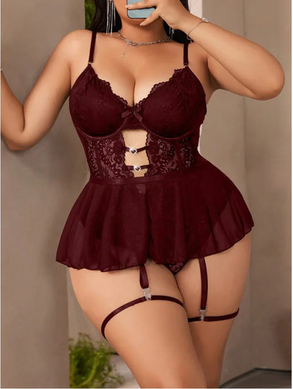 Luxury Burgundy Black Lace Babydoll Lingerie Set Plus Size Sheer Mesh Garter Chemise Thong Intimate Sleepwear