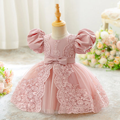 Baby Girls Cute Bow Lace Embroidered Mesh Ball Gown Clothes Infant Birthday Dress Wedding Toddler Princess Party Baptism Frock