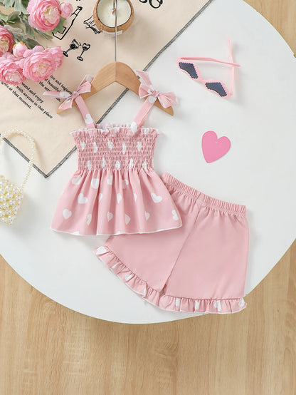 Heart Pattern Baby Girl Outfit with Butterfly Knot Shoulder Straps And Lace Hem Top And Shorts Pink Summer Casual Cute Set