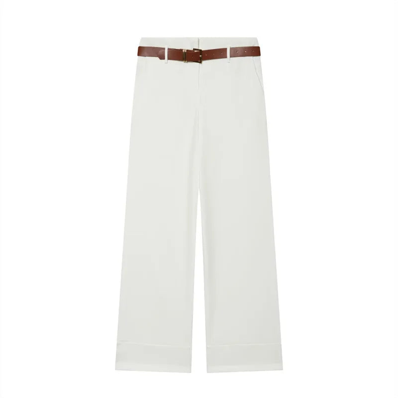 Women Wide Leg Pants With Belt High Waist Straight Trousers Elegant Casual Office Lady Suit Pants Solid Full Length Bottoms