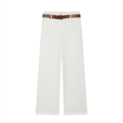 Women Wide Leg Pants With Belt High Waist Straight Trousers Elegant Casual Office Lady Suit Pants Solid Full Length Bottoms
