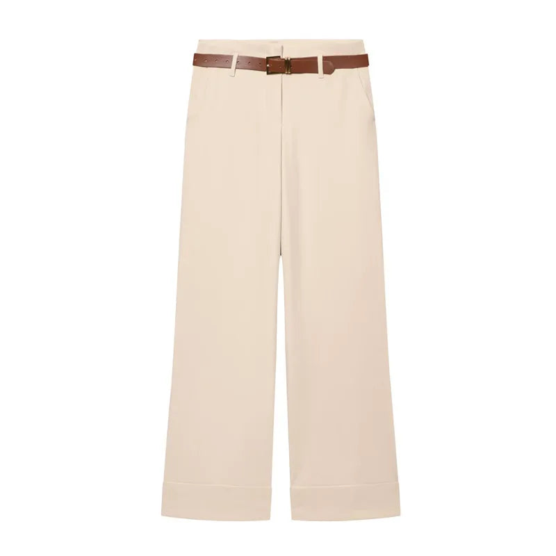 Women Wide Leg Pants With Belt High Waist Straight Trousers Elegant Casual Office Lady Suit Pants Solid Full Length Bottoms