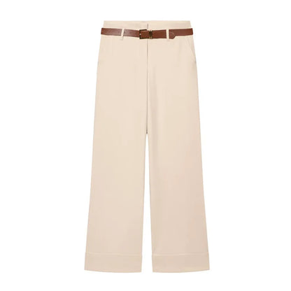 Women Wide Leg Pants With Belt High Waist Straight Trousers Elegant Casual Office Lady Suit Pants Solid Full Length Bottoms