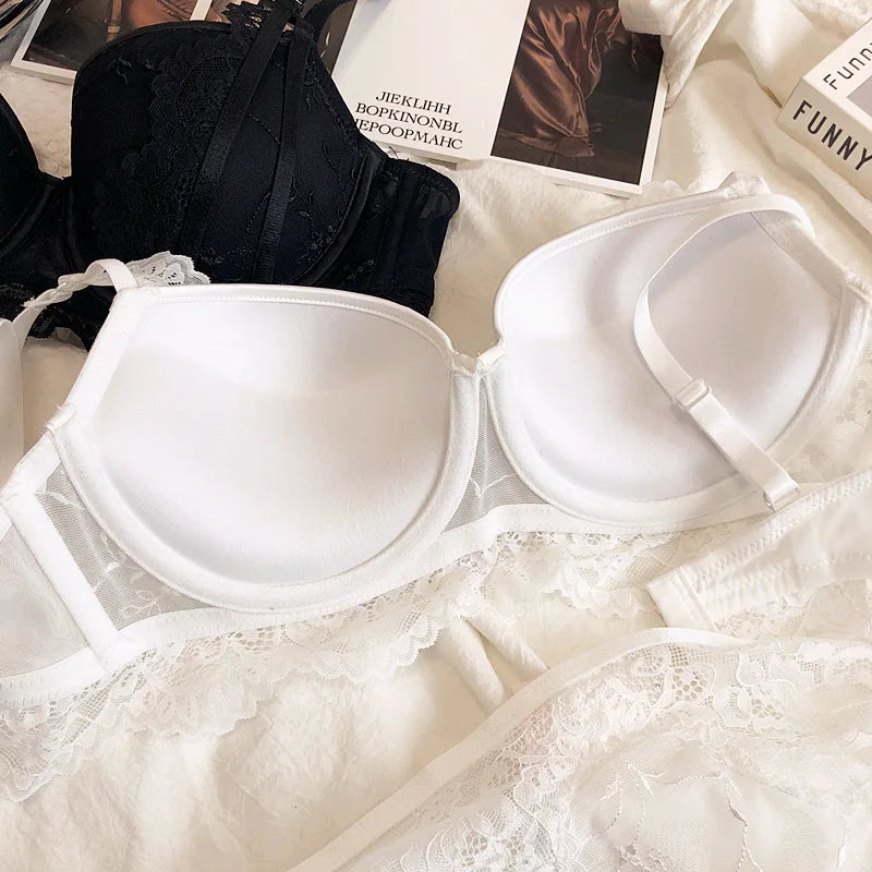 Gathered cups steel ring lingerie with panties breastfeeding lace sexy underwear suit women D cup bra and briefs set