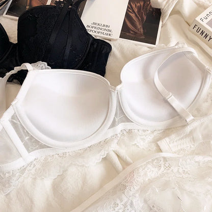 Gathered cups steel ring lingerie with panties breastfeeding lace sexy underwear suit women D cup bra and briefs set