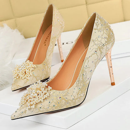 BIGTREE Shoes Pearl Flowers Woman Pumps Rhinestone High Heels 2026 New Luxurious Women Heels Stiletto Large Size Ladies Pumps