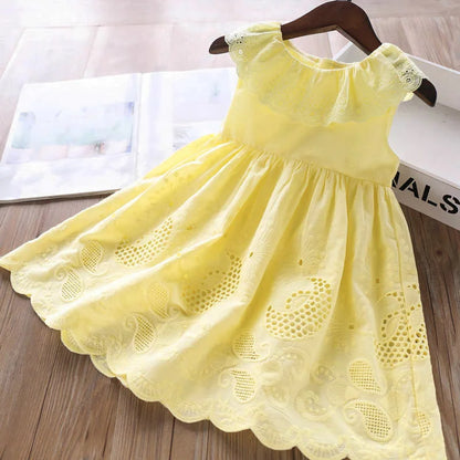 2024 New Girls' Dresses Children'S Summer Cotton Embroidered Hollow Dress Baby Kids Clothing Cute Ruffled Round Neck Vest Dress
