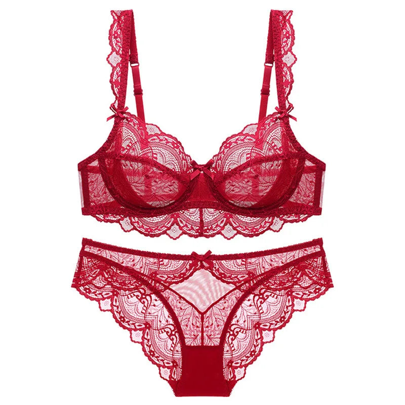 Sexy Lace Ultra Thin Transparent Bra and Panties Set Underwear Set Lingerie Women Brassieres A B C D E Cup 95C 95D