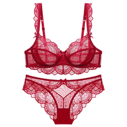 Sexy Lace Ultra Thin Transparent Bra and Panties Set Underwear Set Lingerie Women Brassieres A B C D E Cup 95C 95D