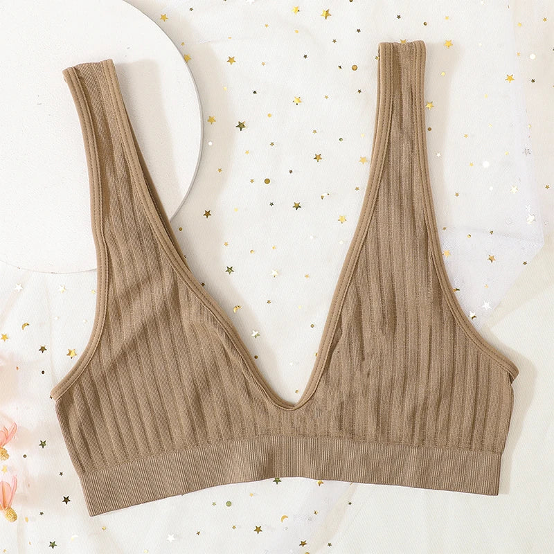 Push-Up Bras For Women Seamless Ribbed Deep V Bralette Unlined Sexy Lingerie Wireless Crop Top S-XL Plunge Sports Underwear