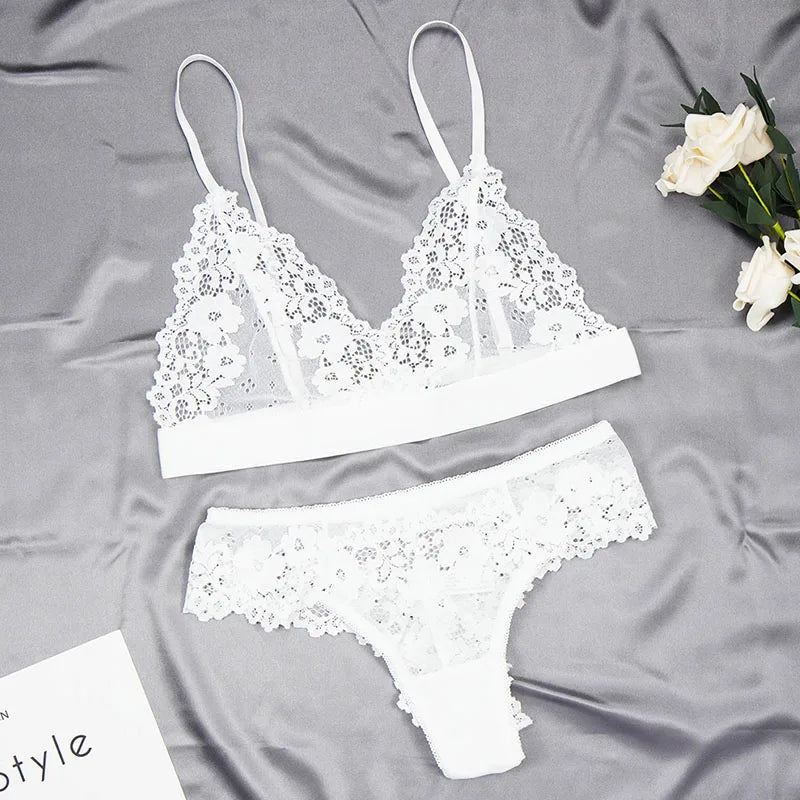 Women's Ultra-thin Cup Mesh Lace Underwear Set Transparent Bras Beauty Back Hollow Embroidery Bra & Brief Sets