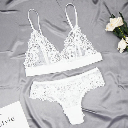 Women's Ultra-thin Cup Mesh Lace Underwear Set Transparent Bras Beauty Back Hollow Embroidery Bra & Brief Sets