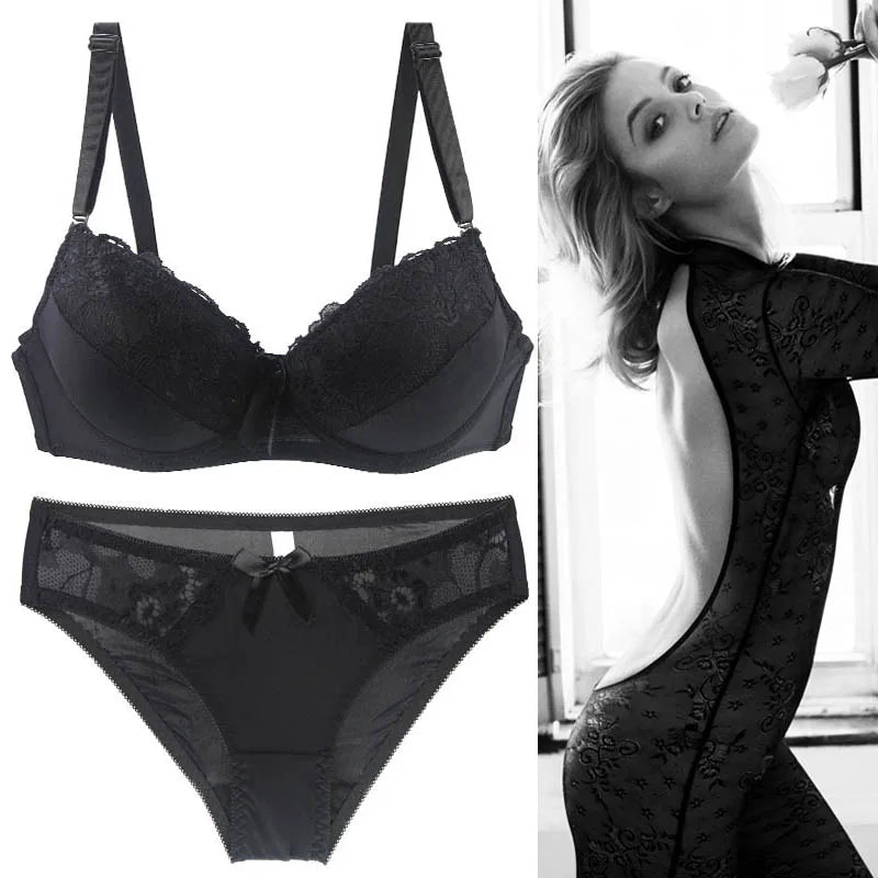 2021 New Women Push Up Bra Sets Intimates Lace Thongs Underwear Solid Bow 70-105 BCDE Cup Female Plus Size Lingerie