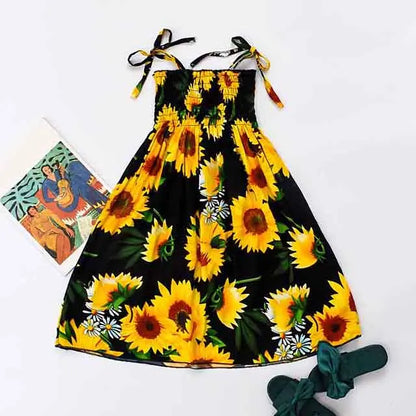 Summer Girls New Floral Dress Sling Ruffles Bohemian Beach Princess Dresses for Girl Clothing  2 6 8 12 Years With Necklace Gift