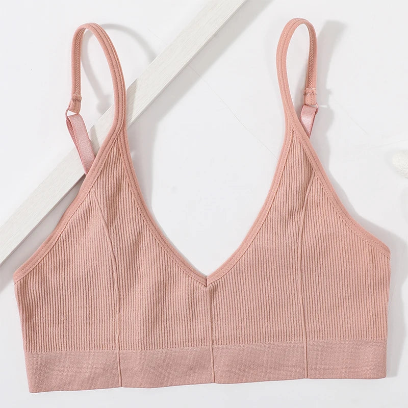 Women Ribbed V-Neck Wireless Bra Solid Color Knit Bralette Stretch Thin Straps Liner-Free No Chest Pads Lingerie Daily Intimates