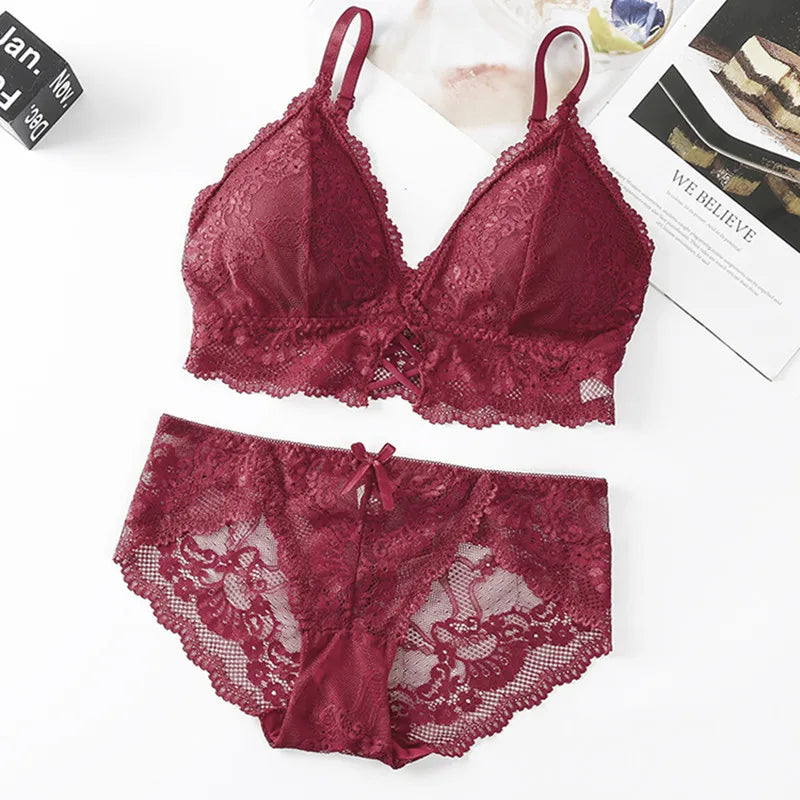 Women Lace Bra And Briefs Set Backless Bralette Solid Color Underwear Wireless Lace Bra Top Sexy Lingerie Set Female Intimates