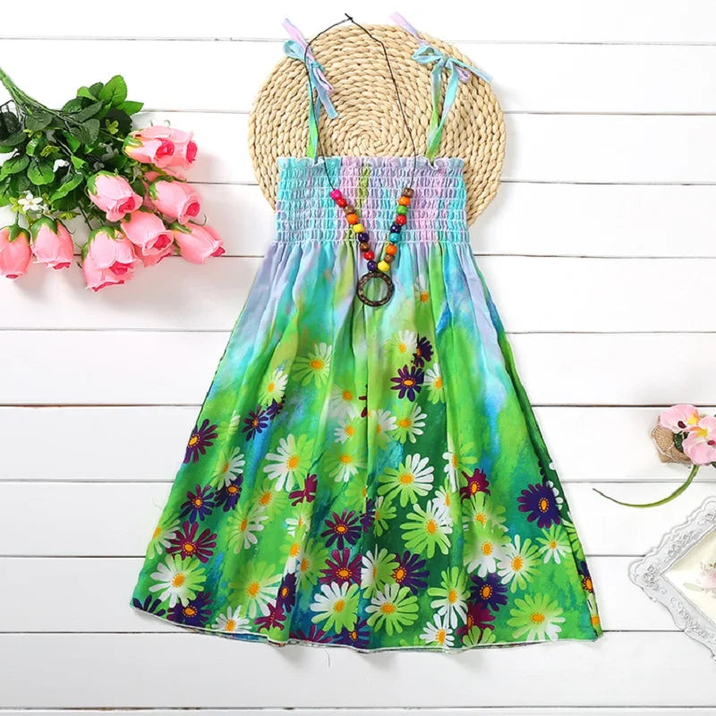 Summer Girls New Floral Dress Sling Ruffles Bohemian Beach Princess Dresses for Girl Clothing  2 6 8 12 Years With Necklace Gift