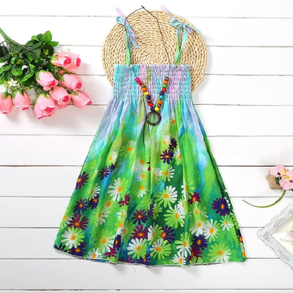 Summer Girls New Floral Dress Sling Ruffles Bohemian Beach Princess Dresses for Girl Clothing  2 6 8 12 Years With Necklace Gift