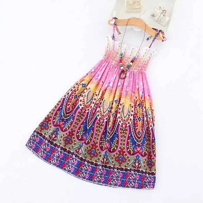 Summer Girls New Floral Dress Sling Ruffles Bohemian Beach Princess Dresses for Girl Clothing  2 6 8 12 Years With Necklace Gift