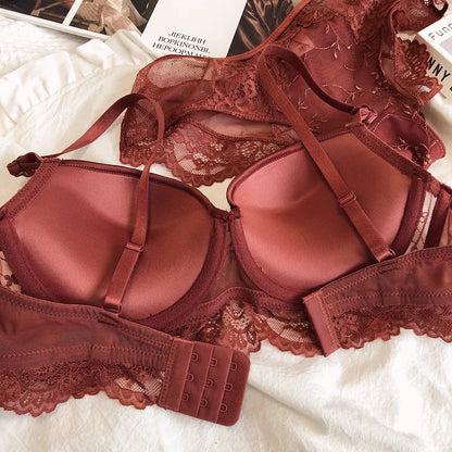 Gathered cups steel ring lingerie with panties breastfeeding lace sexy underwear suit women D cup bra and briefs set