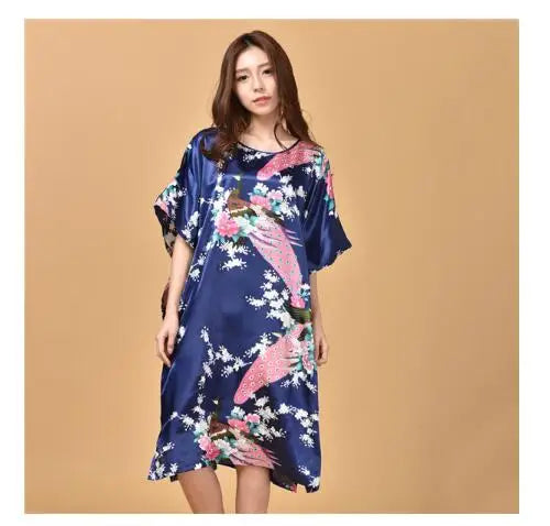 Sexy Female Silk Rayon Robe Bath Gown Nightgown Summer Casual Home Dress Printed Loose Sleepwear Plus Size Nightwear Bathrobe