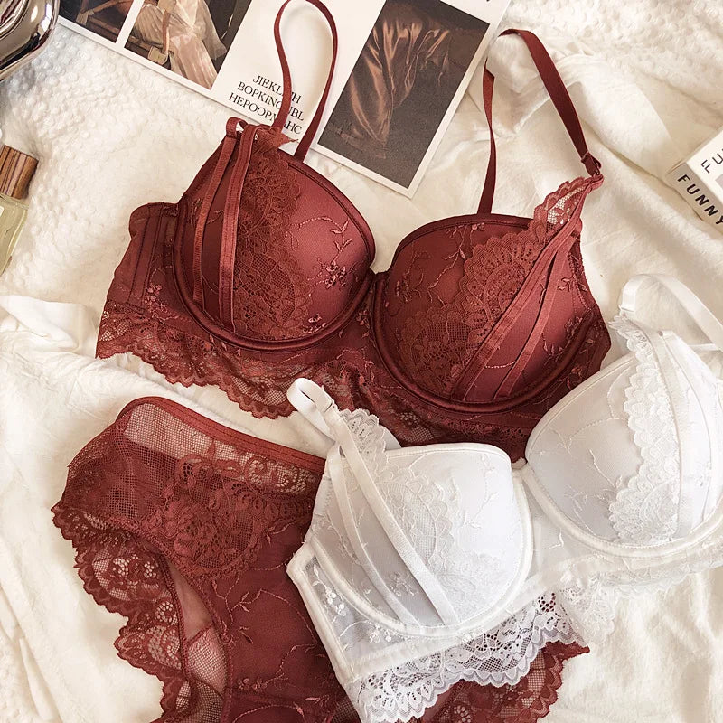 Gathered cups steel ring lingerie with panties breastfeeding lace sexy underwear suit women D cup bra and briefs set