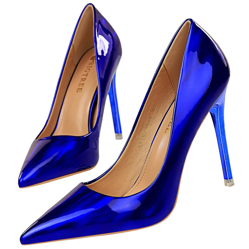 2026 Women 10.5cm High Heels Blue Green Valentine Pumps Luxury Glossy Stripper Stiletto Wedding Bridal Fetish Shoes Plus Size 43