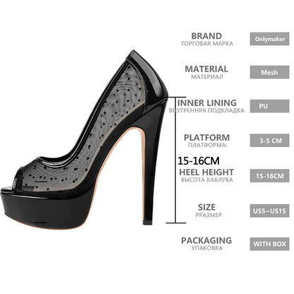 Onlymaker Women  Black Platform Peep Toe Mesh Spike Slip On Pumps Thin High Heels Party Dress Sexy Big Size Pumps