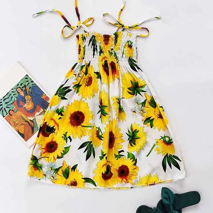 Summer Girls New Floral Dress Sling Ruffles Bohemian Beach Princess Dresses for Girl Clothing  2 6 8 12 Years With Necklace Gift