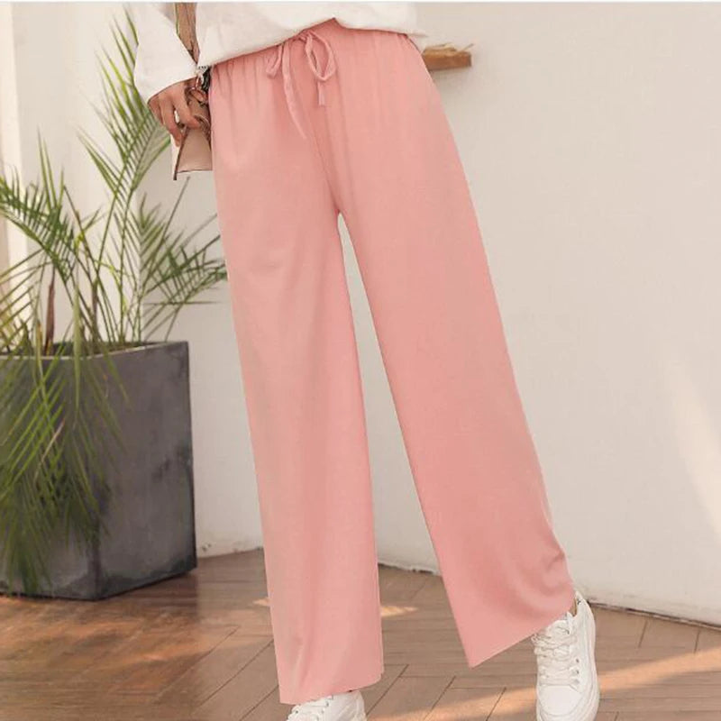 2026 Top Women's Ice Silk Wide-legged Pants Summer High Waist Feeling Girls Nine Points Straight Skirt Thin Long Trousers Colors