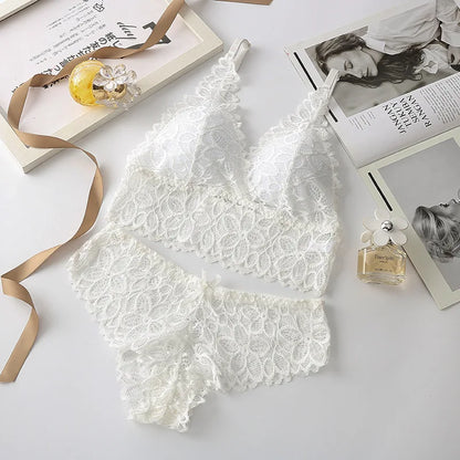Women Lace Bra And Briefs Set Backless Bralette Solid Color Underwear Wireless Lace Bra Top Sexy Lingerie Set Female Intimates