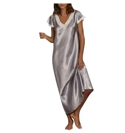 Women Summer Silk Sleepwear Short Sleeve V Neck Homewear Long Dress Nightgowns Sleepwear Sleep Tos Night Dress Underwear