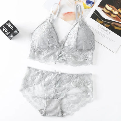 Women Lace Bra And Briefs Set Backless Bralette Solid Color Underwear Wireless Lace Bra Top Sexy Lingerie Set Female Intimates