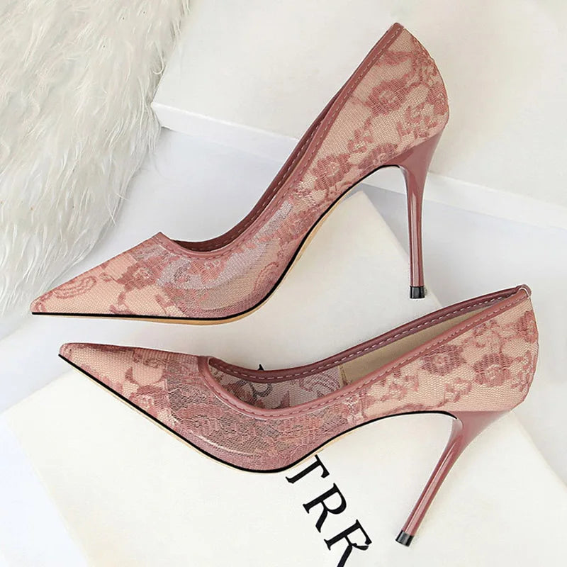 BIGTREE Shoes Mesh Hollow Lace Woman Pumps 2026 Spring Women Heels Sexy Party Shoes Thin Stiletto Heels Women Shoes 6 Colour