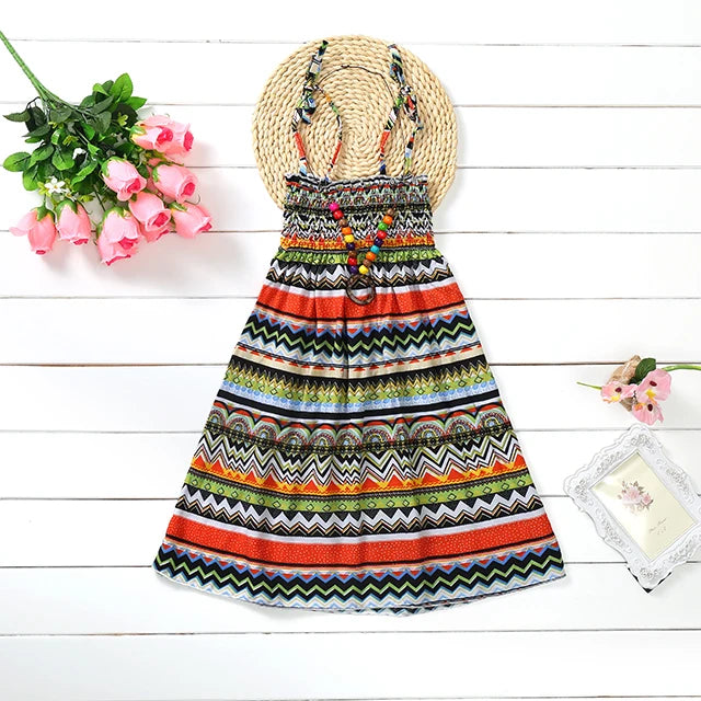 Summer Girls New Floral Dress Sling Ruffles Bohemian Beach Princess Dresses for Girl Clothing  2 6 8 12 Years With Necklace Gift