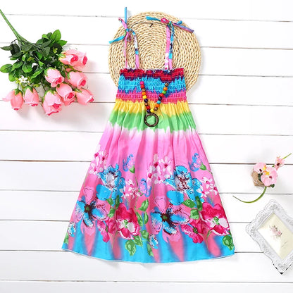 Summer Girls New Floral Dress Sling Ruffles Bohemian Beach Princess Dresses for Girl Clothing  2 6 8 12 Years With Necklace Gift