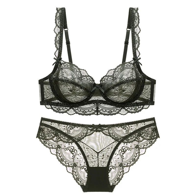 Sexy Lace Ultra Thin Transparent Bra and Panties Set Underwear Set Lingerie Women Brassieres A B C D E Cup 95C 95D