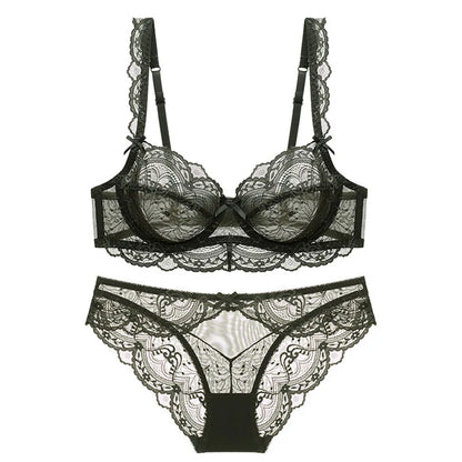 Sexy Lace Ultra Thin Transparent Bra and Panties Set Underwear Set Lingerie Women Brassieres A B C D E Cup 95C 95D