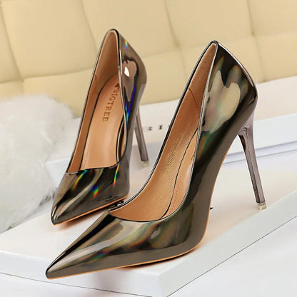 Metal Heel with High-Heeled Shiny Patent Leather Shallow Mouth Pointed Sexy Sexy Nightclub Was Thin Heels Wedding Shoes Banquet