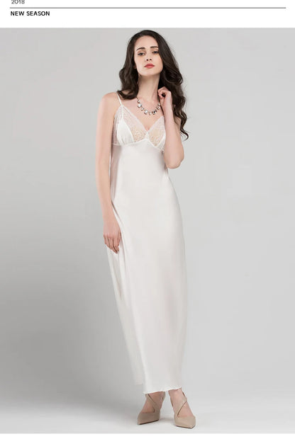 Lace Sexy Sling Sleeping Dress Satin Silk Sleepwear Women Faux Silk Long Bathrobes Female Sleeveless V-Neck Nightgowns C1618