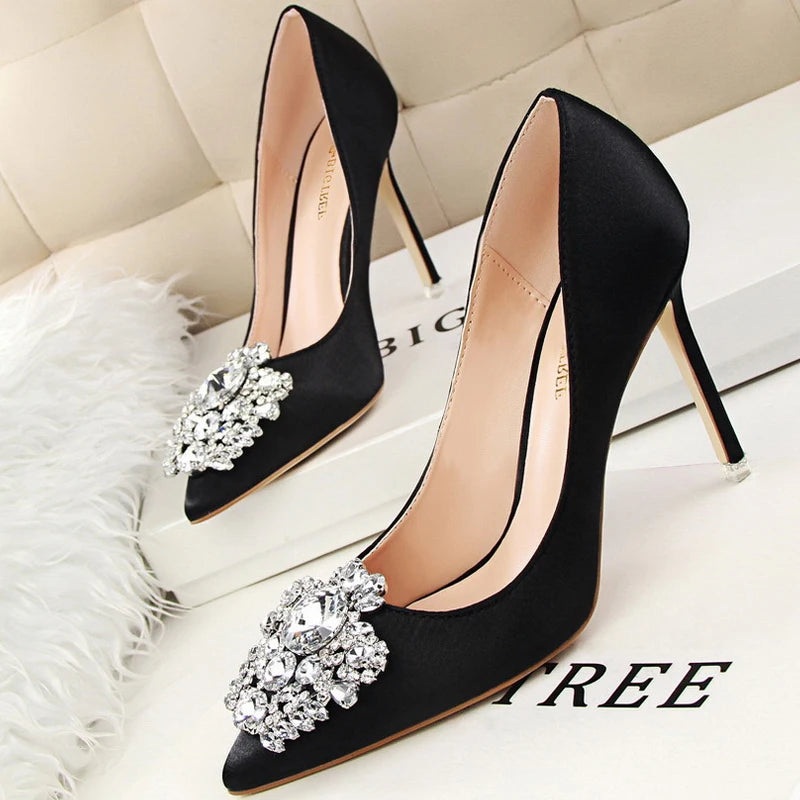 BIGTREE Women Heels Metal Rhinestones Woman Pumps Wedding Shoes High Heels Shoes Gold Silver Sexy Party Shoes Large size 42 43