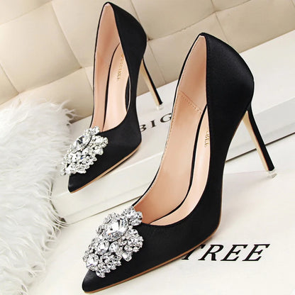 BIGTREE Women Heels Metal Rhinestones Woman Pumps Wedding Shoes High Heels Shoes Gold Silver Sexy Party Shoes Large size 42 43