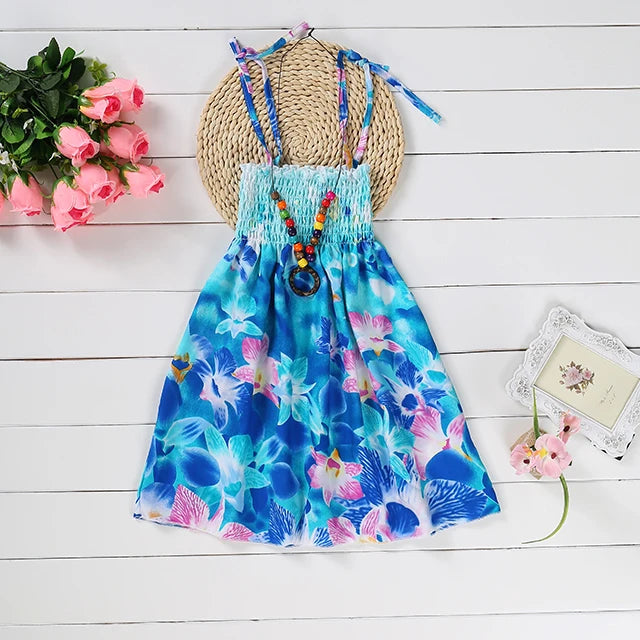 Summer Girls New Floral Dress Sling Ruffles Bohemian Beach Princess Dresses for Girl Clothing  2 6 8 12 Years With Necklace Gift