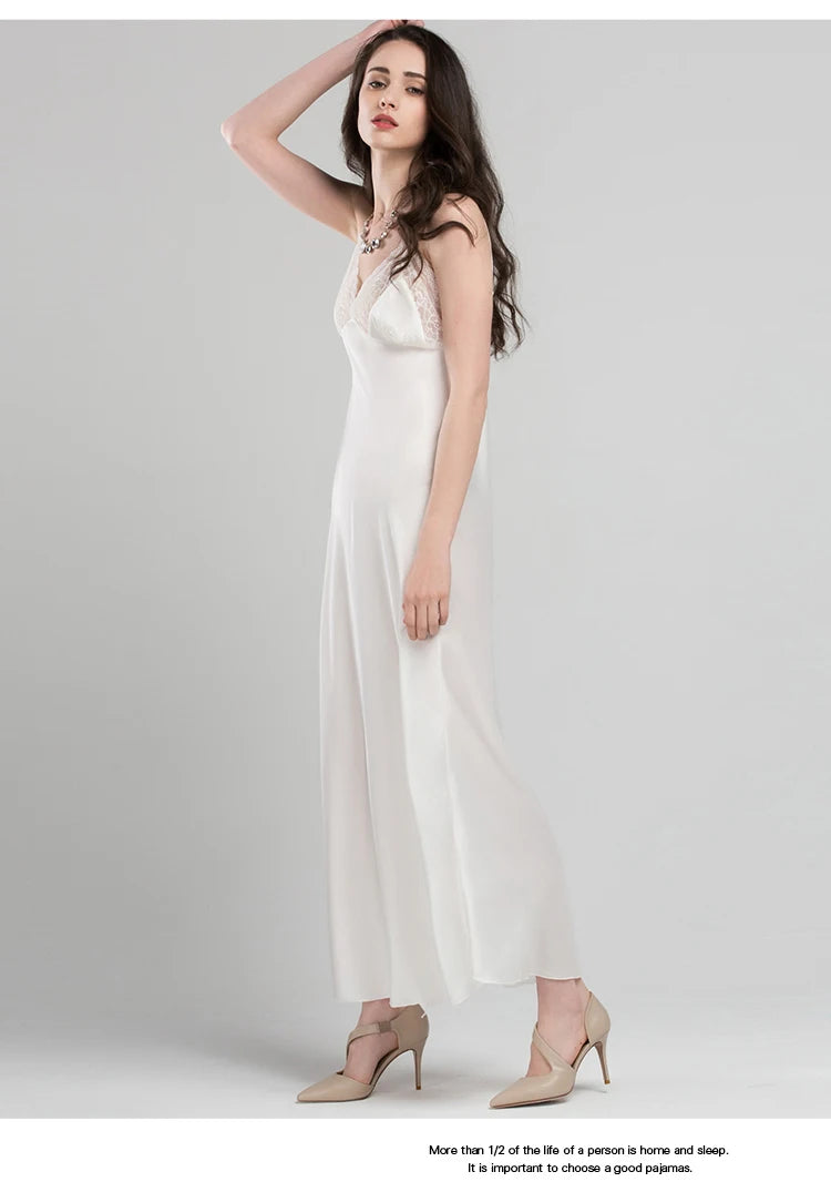 Lace Sexy Sling Sleeping Dress Satin Silk Sleepwear Women Faux Silk Long Bathrobes Female Sleeveless V-Neck Nightgowns C1618