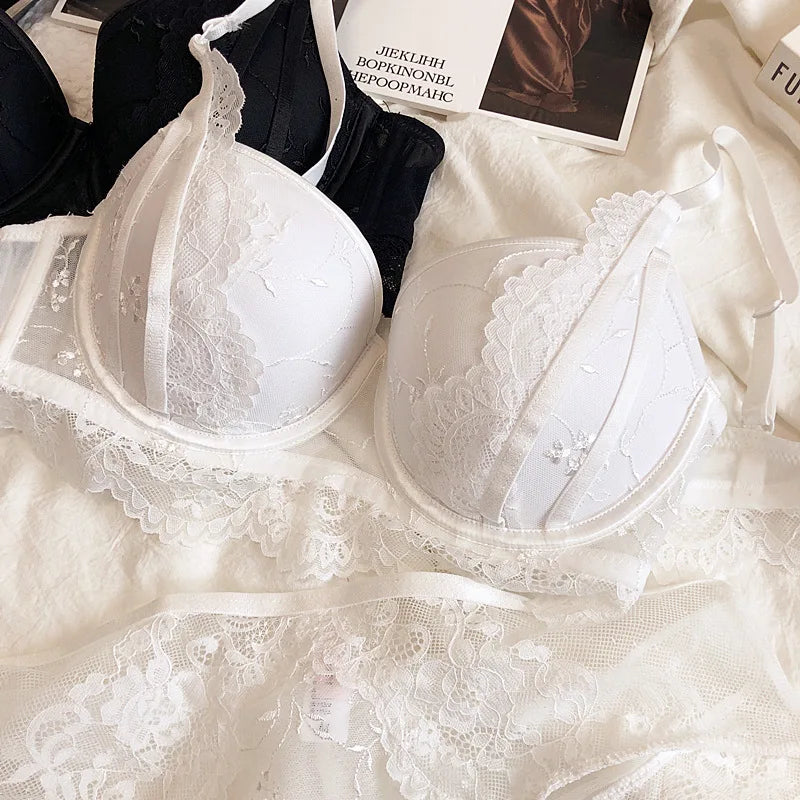 Gathered cups steel ring lingerie with panties breastfeeding lace sexy underwear suit women D cup bra and briefs set