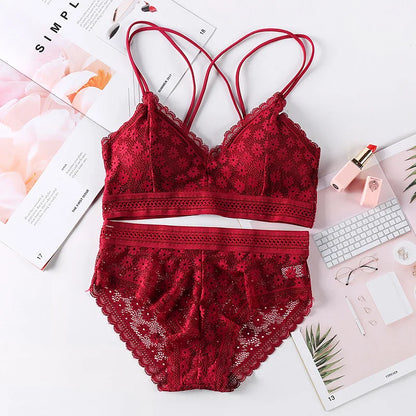 Women Lace Bra And Briefs Set Backless Bralette Solid Color Underwear Wireless Lace Bra Top Sexy Lingerie Set Female Intimates