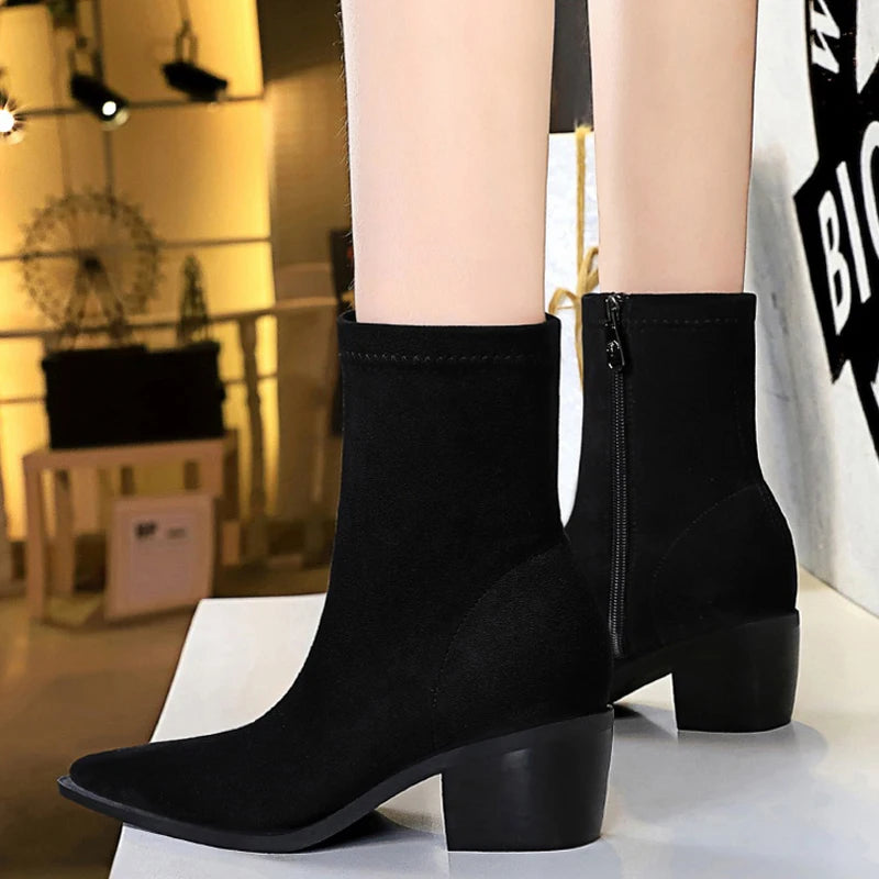 BIGTREE Boots Suede Women Ankle Boots Autumn Shoes Pointed Toe Women Boots Fashion Thick Heel Ladies Short Boots Botas Mujer