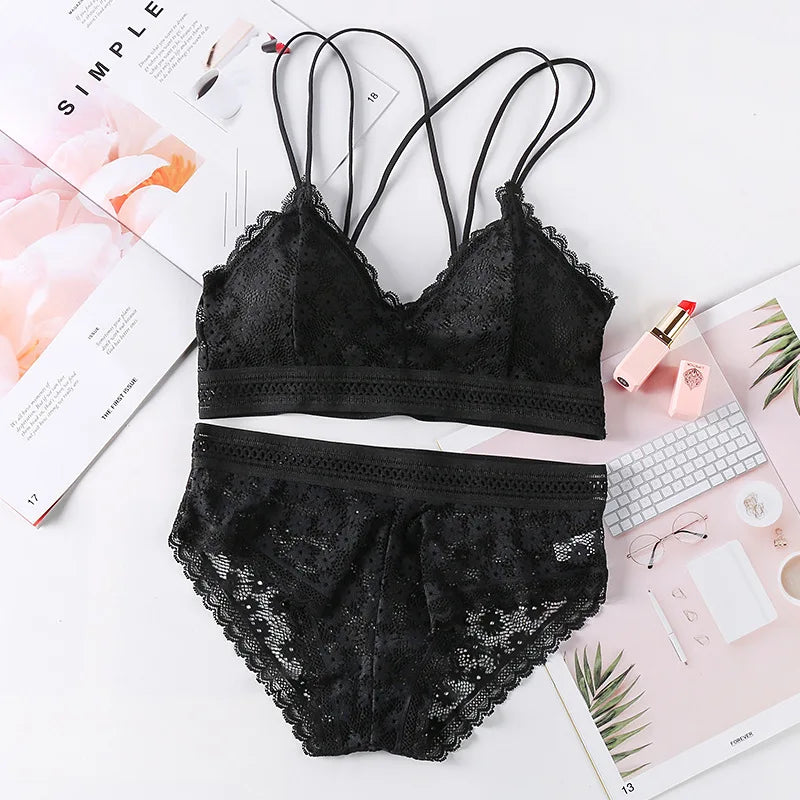 Women Lace Bra And Briefs Set Backless Bralette Solid Color Underwear Wireless Lace Bra Top Sexy Lingerie Set Female Intimates
